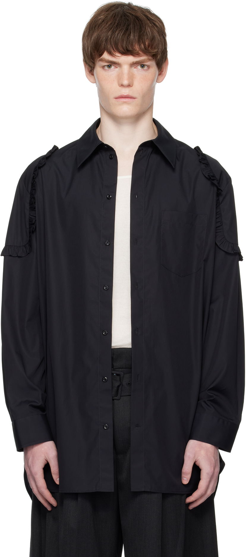 Skjorte Simone Rocha Simone Rocha Ruffle Shoulder Patch Tunic Shirt Sort | 5383 1025