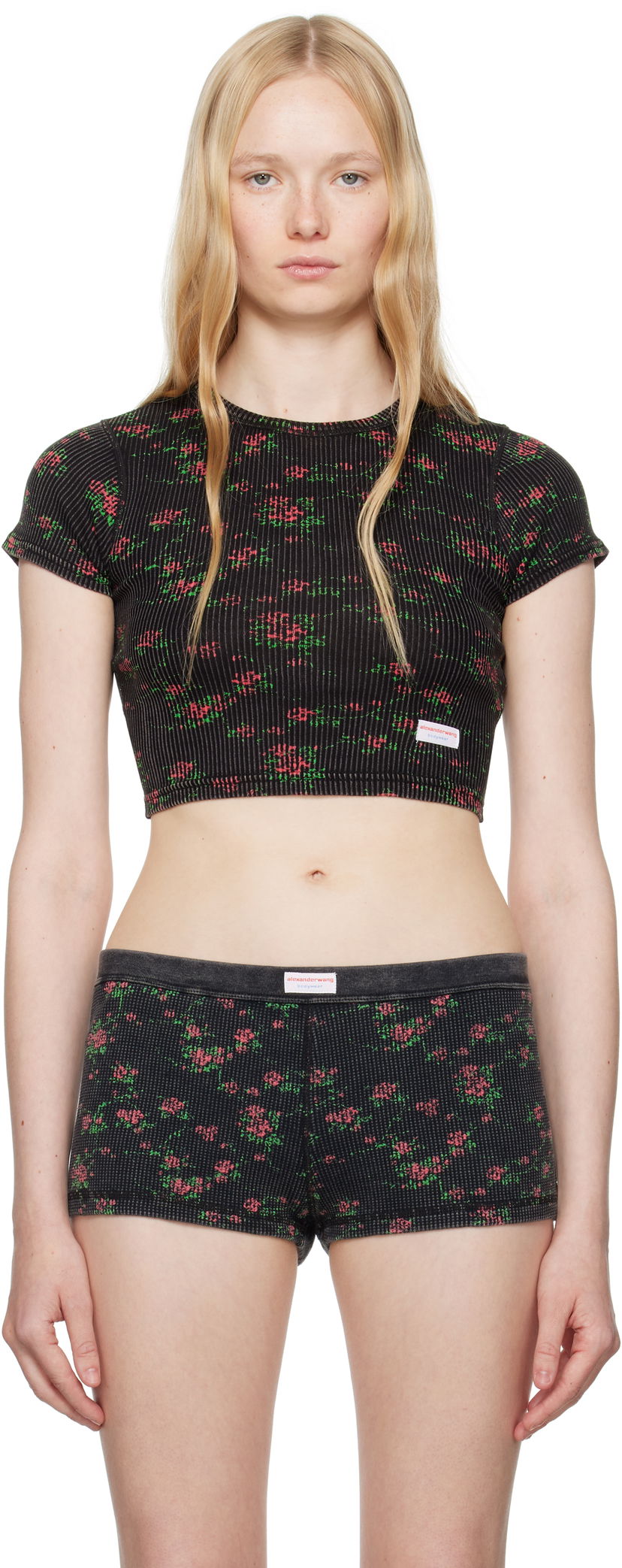 Trusser Alexander Wang Alexander Wang Floral-Print Ribbed Baby T-shirt Sort | 8C2238046P