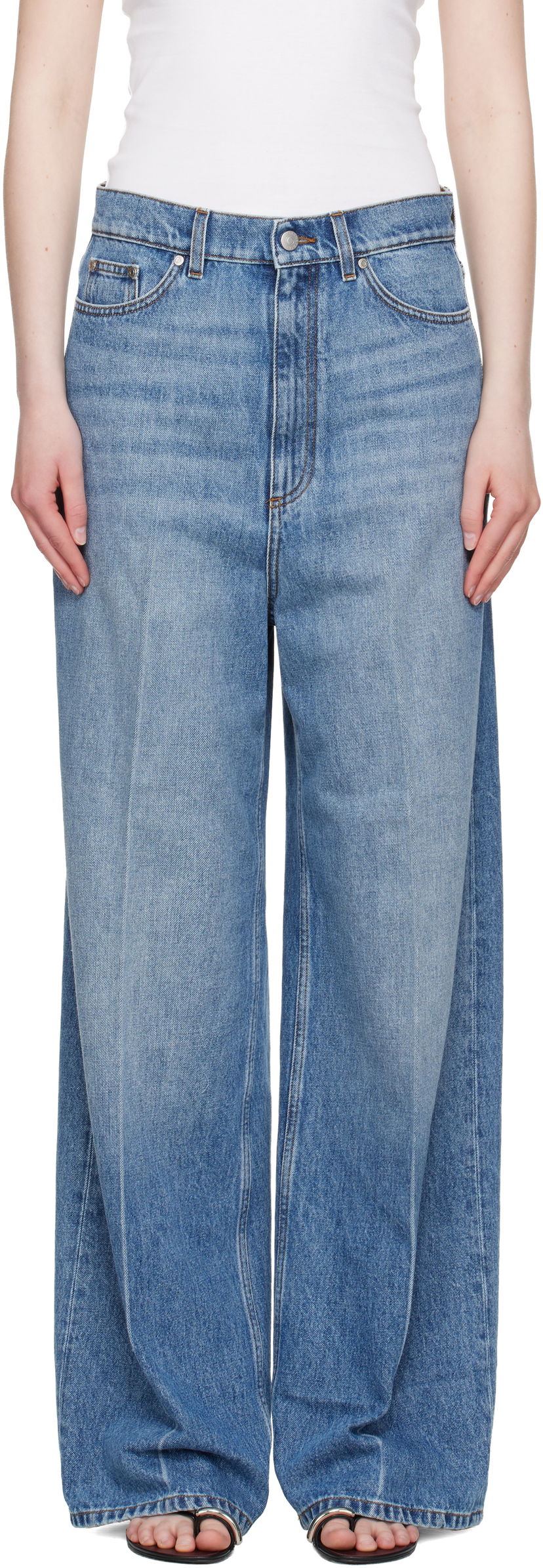 Jeans Stella McCartney Stella McCartney Faded Wide-Leg High-Rise Jeans Blå | 6D04133SQH27