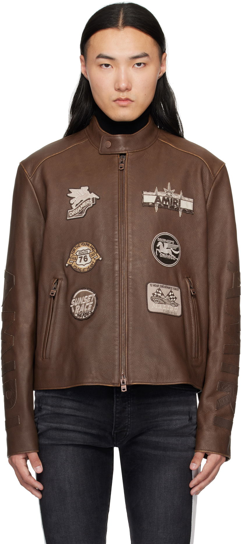 Bomberjakke AMIRI AMIRI Patch Racer Leather Jacket Brun | AMLTJT1021