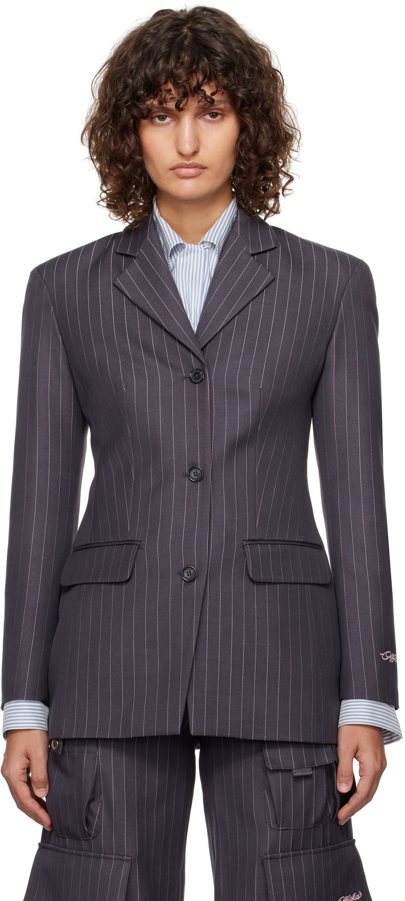 Frakker Off-White Pinstripe Fitted Blazer Grå | OWEF123F24FAB001073B