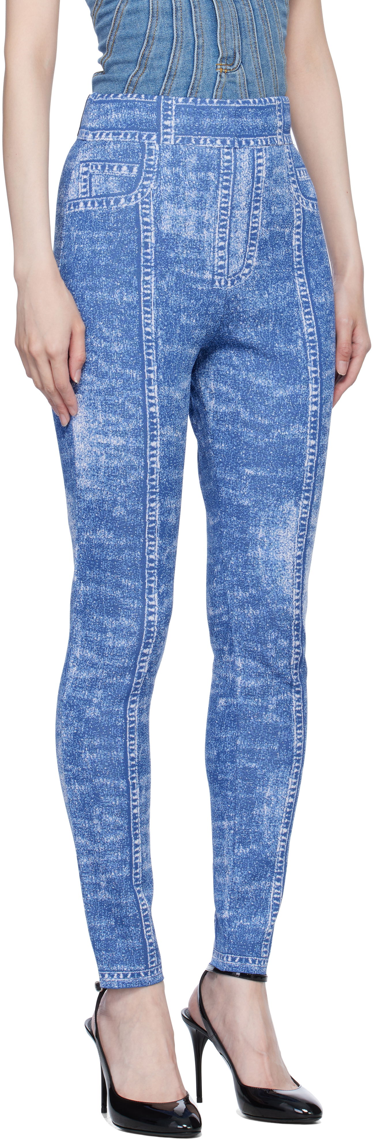 Leggings Balmain Denim Effect Knit Leggings Blå | EF1PD185KH80, 1
