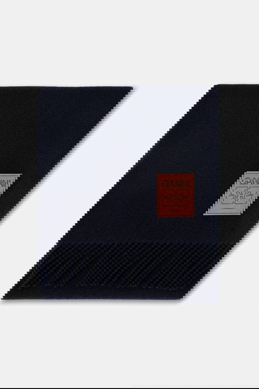 Tørklæde GANNI Double Face Wool Solid Fringed Scarf Mørkeblå | A6931, 1