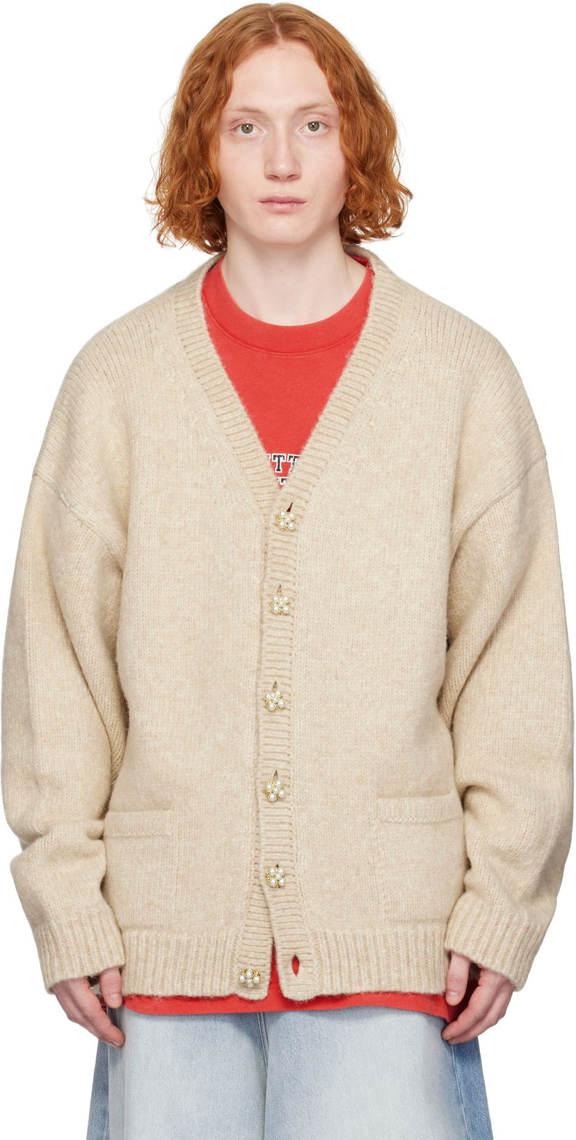 Sweater VETEMENTS Vetements Classic Pearl Button Cardigan Beige | UA66KN200T