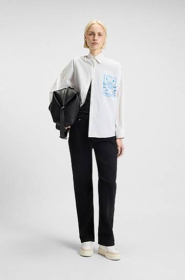 Skjorte BOSS Oversized-fit Blouse in Cotton with Tarot Prints Hvid | 50550270, 1