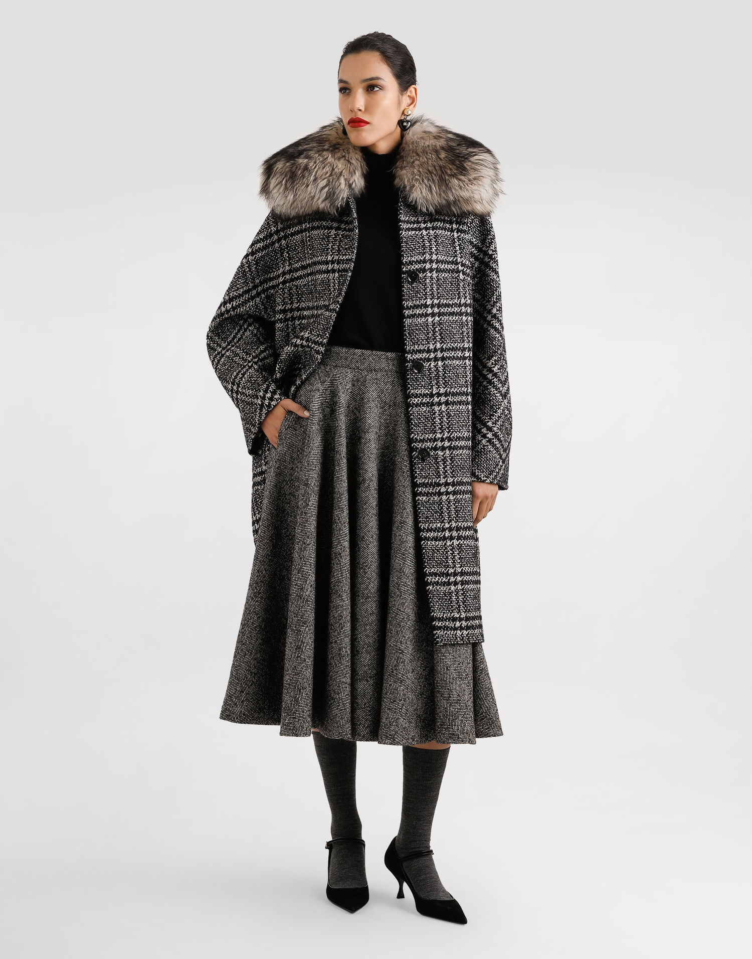 Frakker Dolce & Gabbana Glen Plaid Coat with Fur Collar Flerfarvet | F0GHGTFQZAHS8100, 1