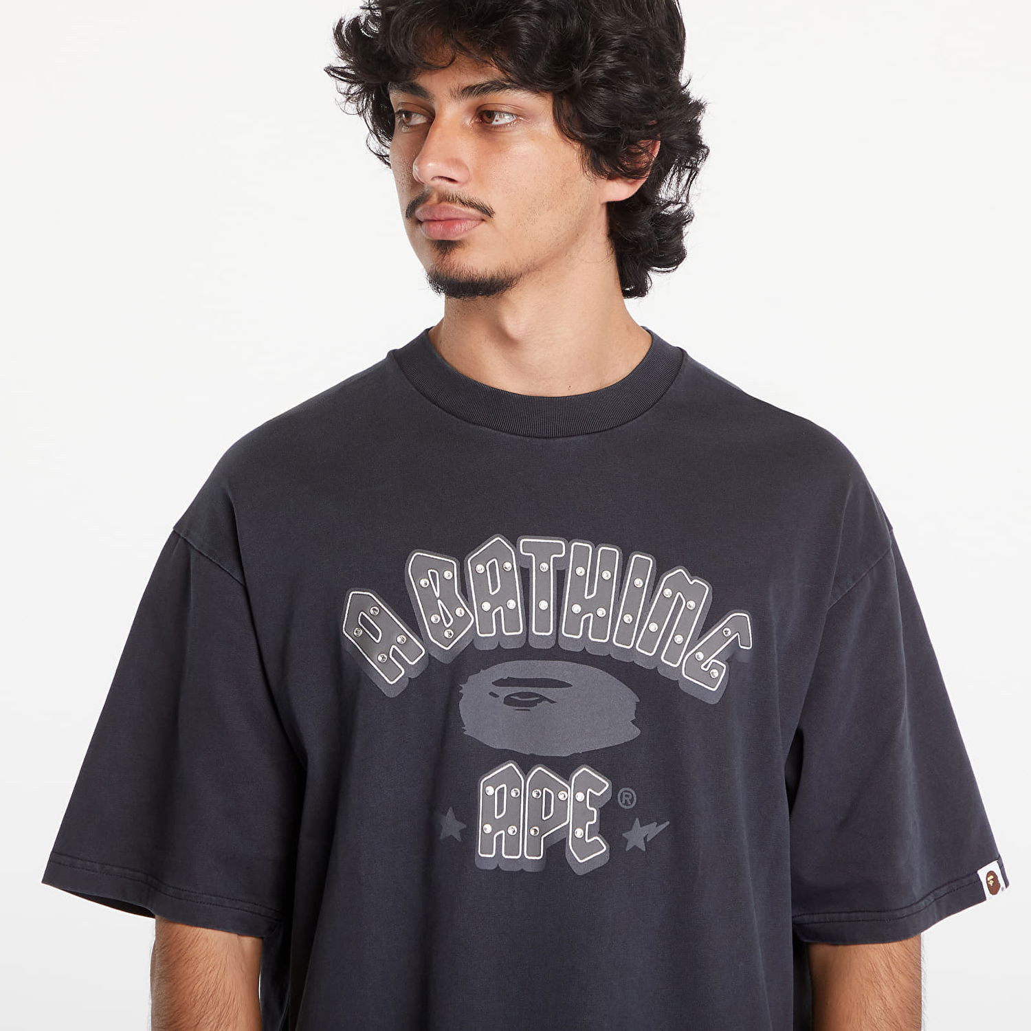 T-shirt BAPE A BATHING APE Garment Dye Rhinestone Logo Relaxed Fit Short Sleeve Tee Charcoal Grå | 001CSK801312M CHA, 1