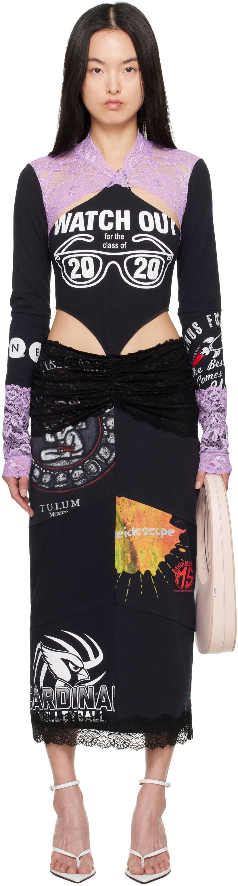 Kjole Marine Serre Marine Serre Regenerated T-Shirt & Lace Midi Dress Sort | WDR354A UJER0003