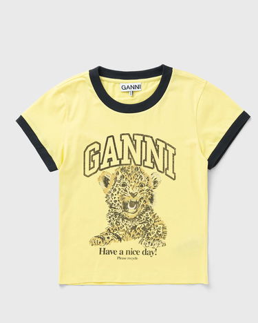T-shirt GANNI Jersey Leopard Cub Graphic Ringer T-Shirt Gul | T4256-372, 0