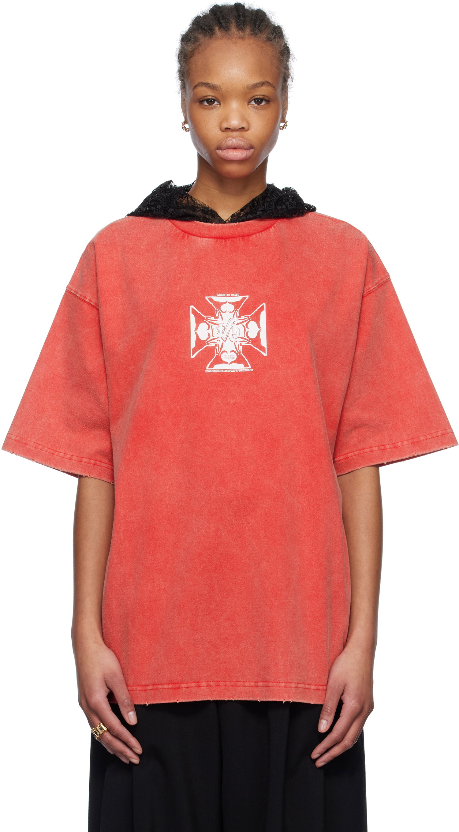 T-shirt We11done We11done Heart Cross Hooded T-Shirt Rød | WD-TH0-25-842-U-RD, 0