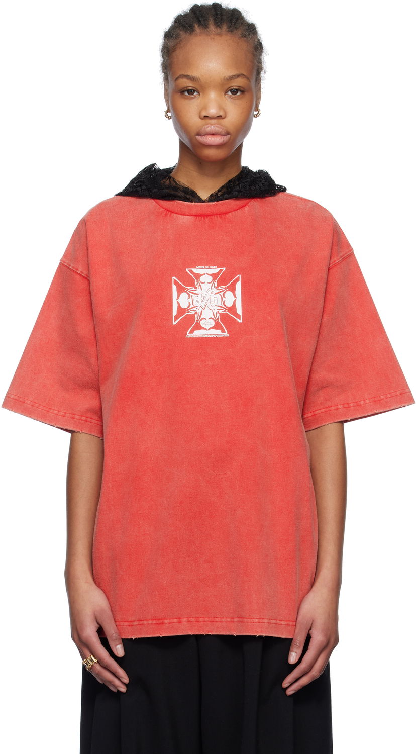 T-shirt We11done We11done Heart Cross Hooded T-Shirt Rød | WD-TH0-25-842-U-RD