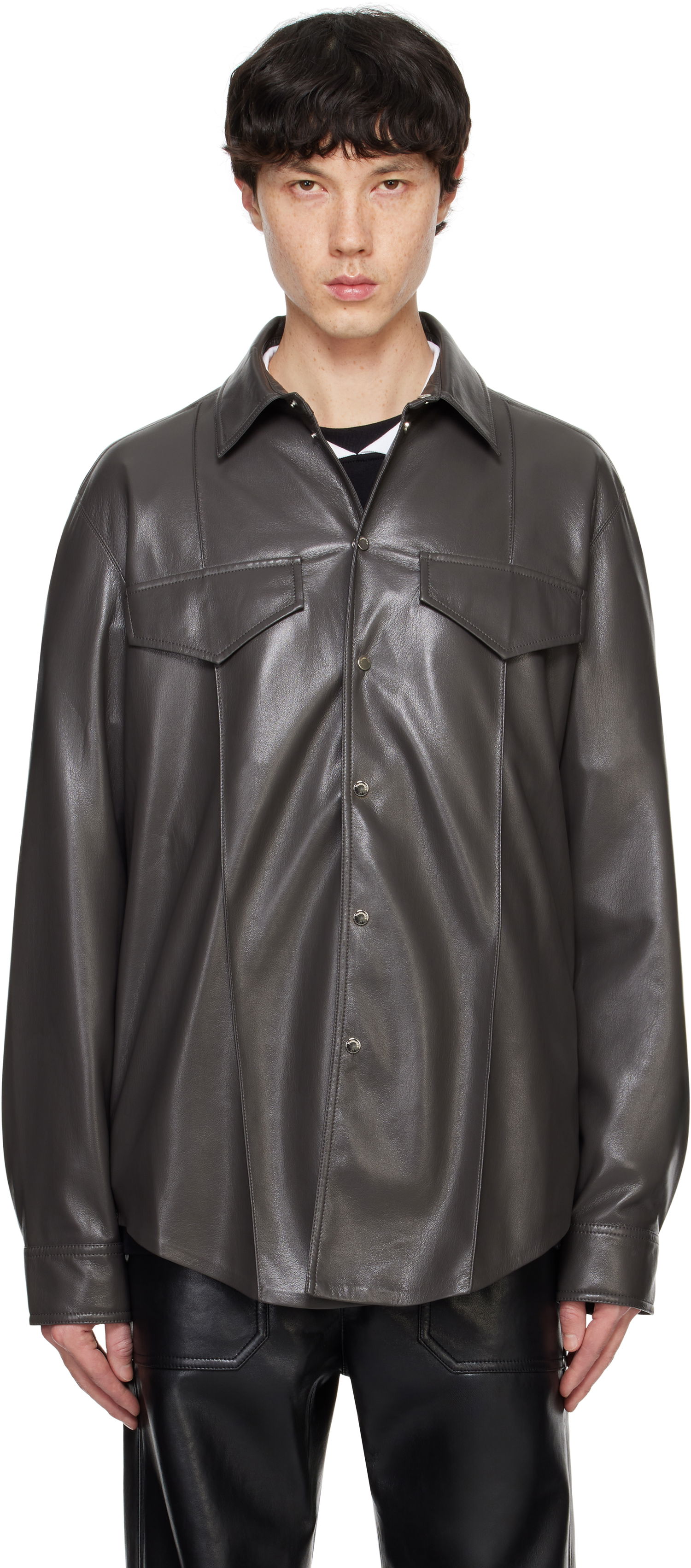 Skjorte Nanushka Nanushka Olavi Vegan Leather Button-Up Shirt Grå | NM24FWSH04569, 0