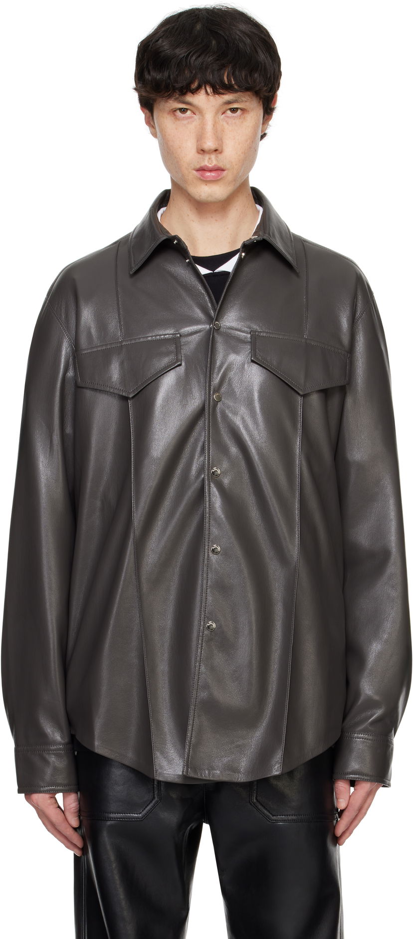Skjorte Nanushka Nanushka Olavi Vegan Leather Button-Up Shirt Grå | NM24FWSH04569