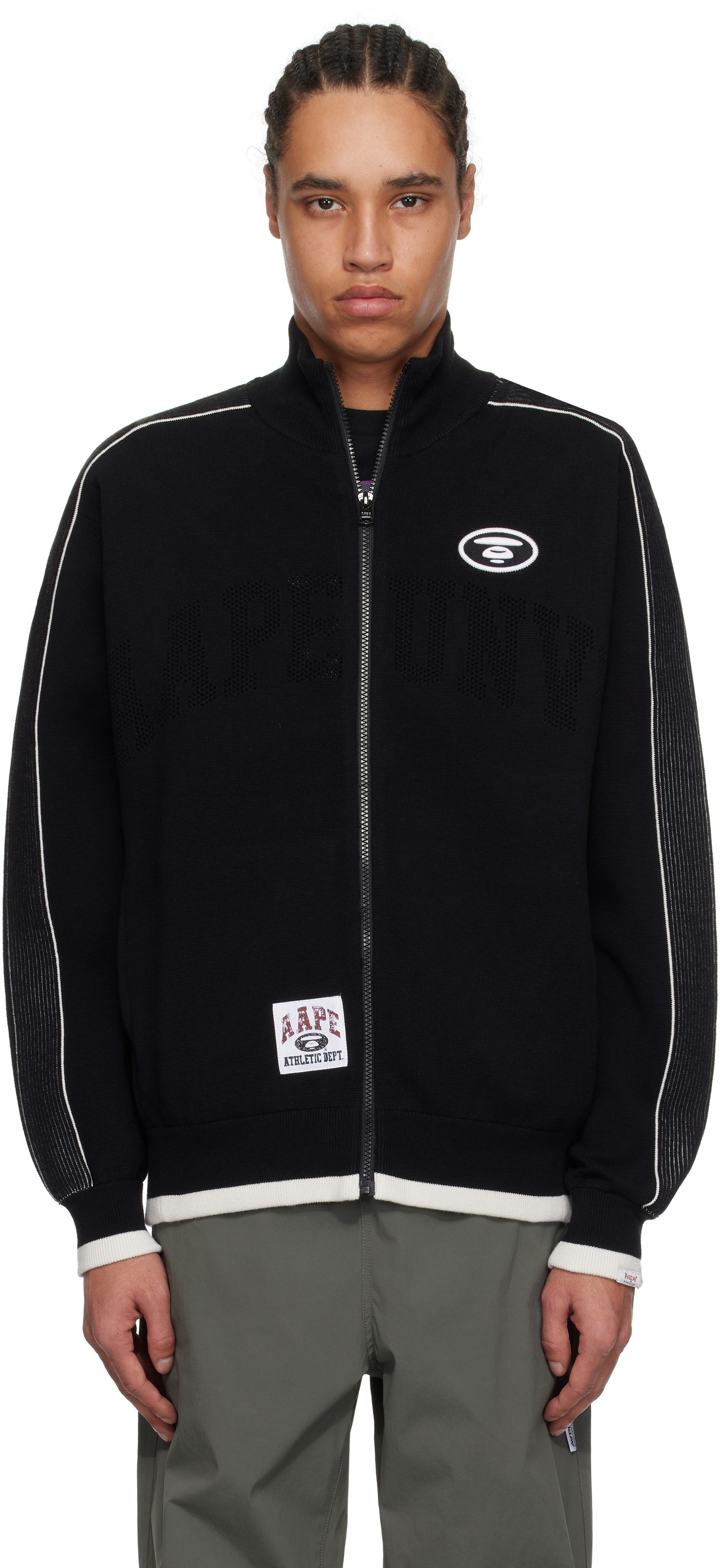 Sweater AAPE by A Bathing Ape AAPE by A Bathing Ape 'AAPEUNVS' Moonface Logo Zip-Up Knit Jacket Sort | AAPKNMC325XXNNYX, 0