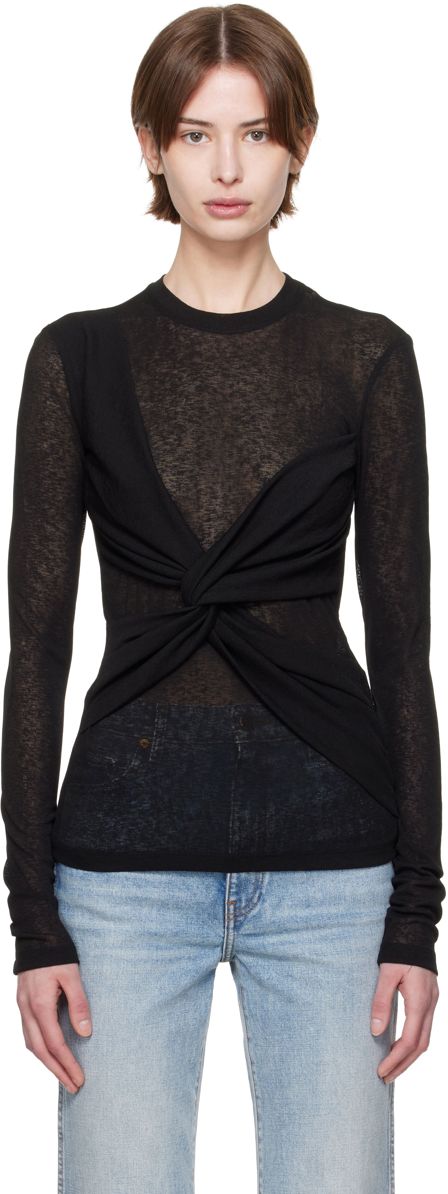 Sweater Nanushka Nanushka Izolda Draped Mesh Jersey T-Shirt Sort | NW25RSTP16499, 0