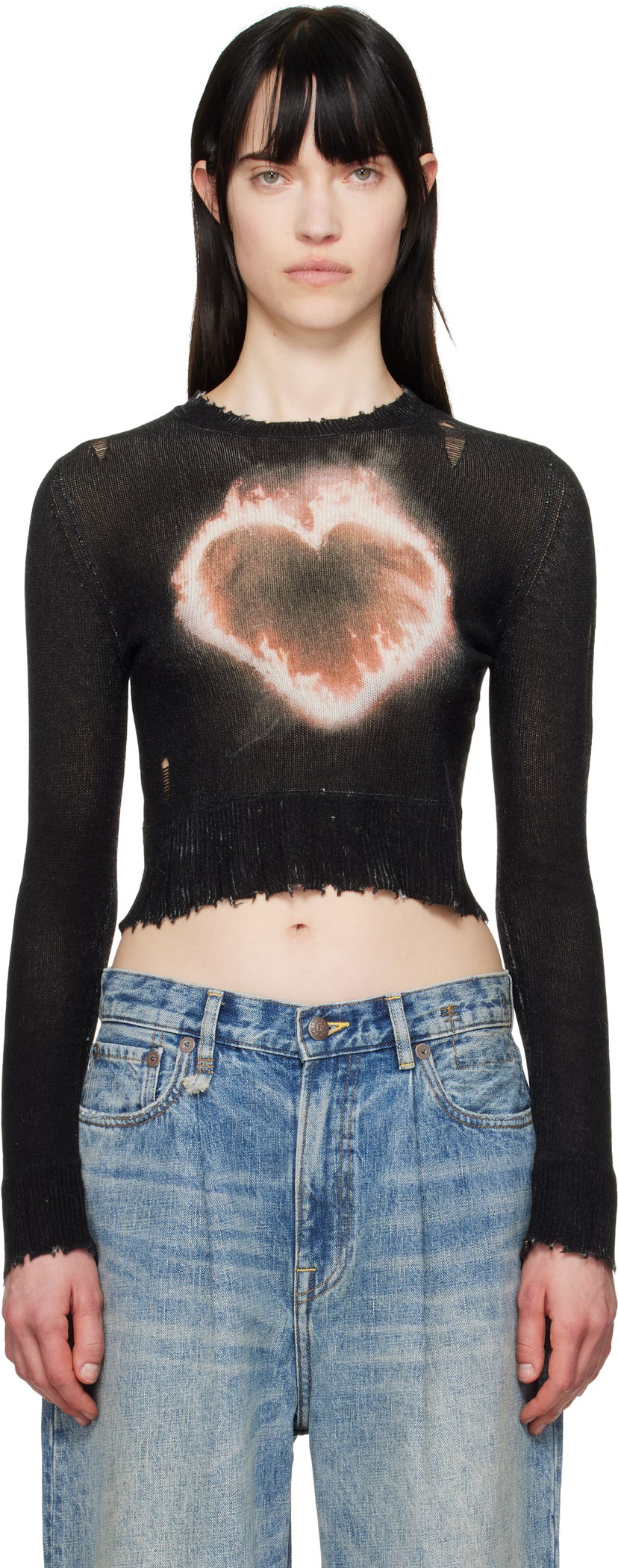 Sweater R13 R13 Flaming Heart Cropped Sweater Sort | R13WY042-Y016B