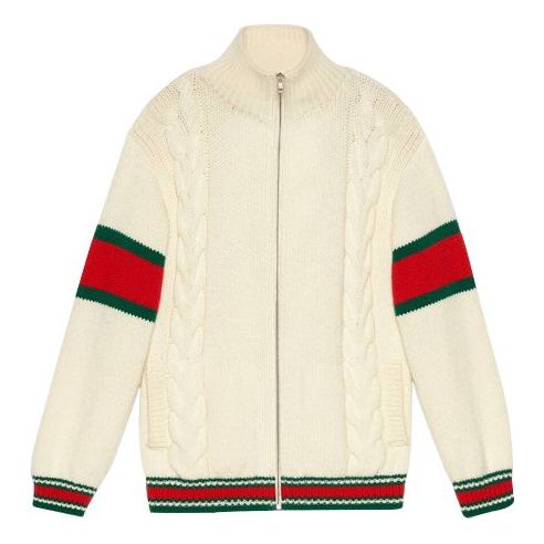 Sweater Gucci Gucci Twisted Cable Knit Bomber Jacket Hvid | 599311-XKA32-9133