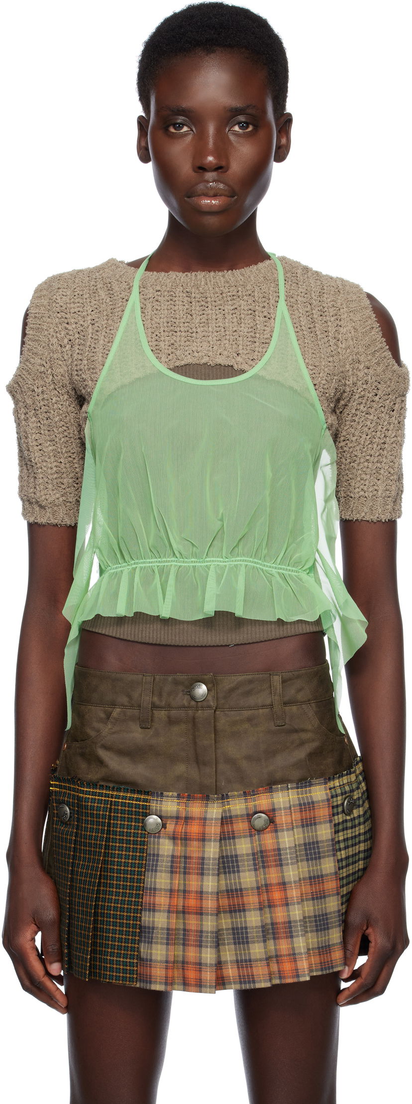 Nederdel Andersson Bell Andersson Bell Cut-Out Knit Top and Plaid Mini Skirt Set Grøn | atb1315w