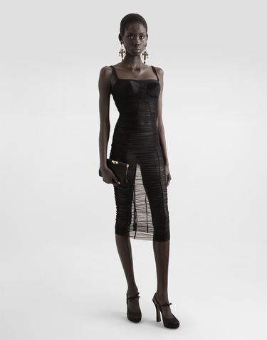Kjole Dolce & Gabbana Dolce & Gabbana Draped Tulle Calf-Length Dress Sort | F6TNKTFUUBNN0000, 1