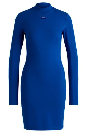 Kjole BOSS HUGO Bodycon Stretch Cotton Dress with Logo Badge Blå | 50531138