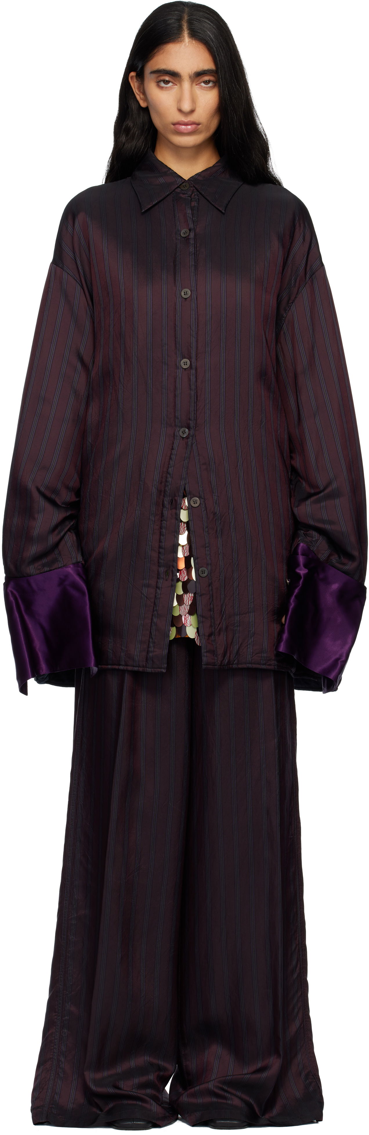 Jakke Dries Van Noten Dries Van Noten Oversized Striped Overshirt with Velvet Cuffs Bourgogne | 252-010770-2267, 0