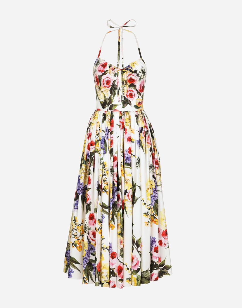 Kjole Dolce & Gabbana Dolce & Gabbana Garden Print Cotton Midi Dress Hvid | F6HABTHS5Q1HA4YB