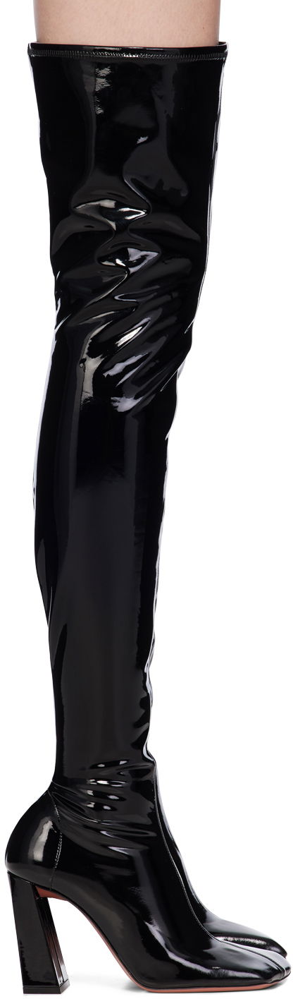 Skopleje Amina Muaddi Amina Muaddi Marine Stretch Thigh-High Boots Sort | MARINE STRETCH BLOCK HEEL LATEX, 0