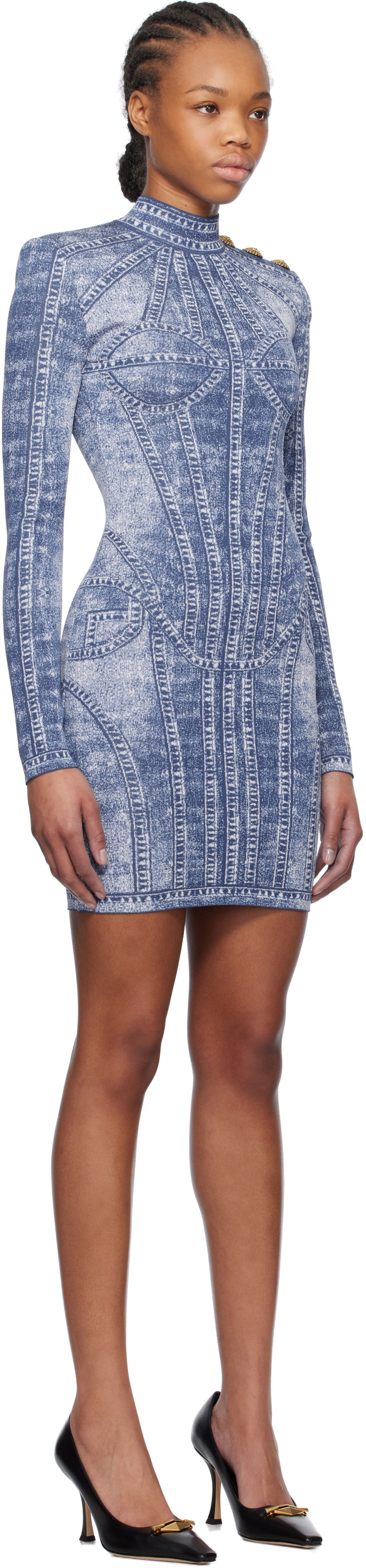 Kjole Balmain Balmain Jacquard Denim Effect Minidress Blå | EF1R8237KH80, 1