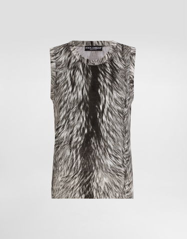 Tanktop Dolce & Gabbana Dolce & Gabbana Silk Tank Top with Fur Print Grå | FXT04TJAHLAHI3VQ, 0