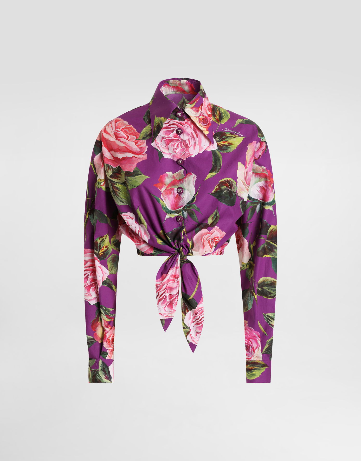 Skjorte Dolce & Gabbana Dolce & Gabbana Rose Print Tie-Front Cropped Shirt Lilla | F5R73THS5TDHP5IG, 0