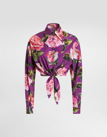 Skjorte Dolce & Gabbana Dolce & Gabbana Rose Print Tie-Front Cropped Shirt Lilla | F5R73THS5TDHP5IG, 0