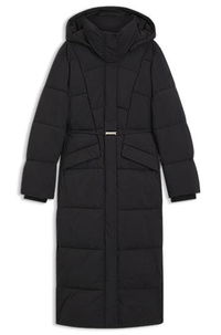 Long-length padded coat with metallic belt detail