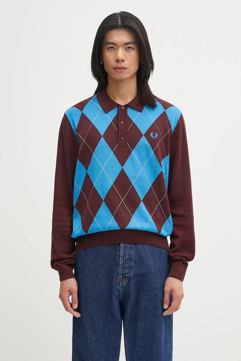 Polo skjorte Fred Perry Fred Perry Argyle Knitted Long Sleeve Polo Brun | K1318