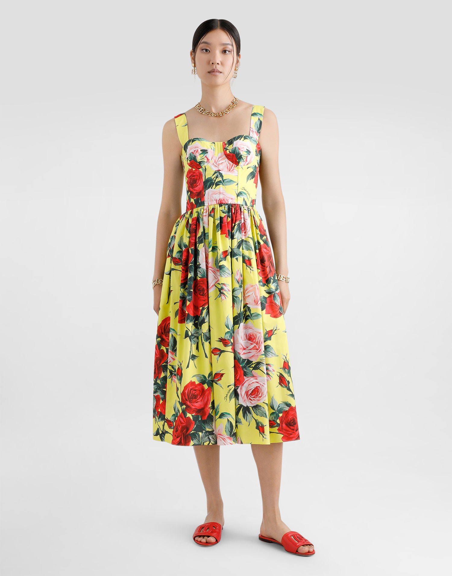 Kjole Dolce & Gabbana Dolce & Gabbana Rose Print Cotton Midi Sundress Gul | F6ZT1THS5TFHG5JD, 1