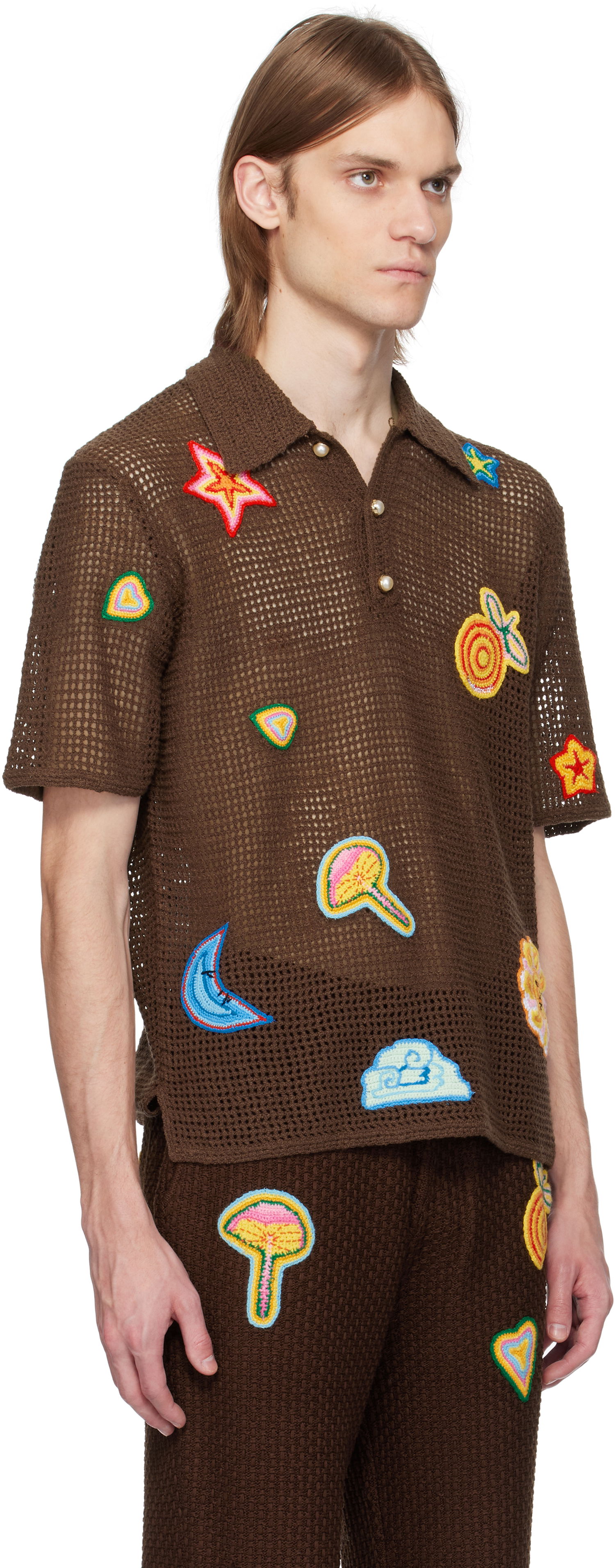 Polo skjorte Casablanca Casablanca Crochet Appliqué Polo Brun | MS25-KW-914-01, 1