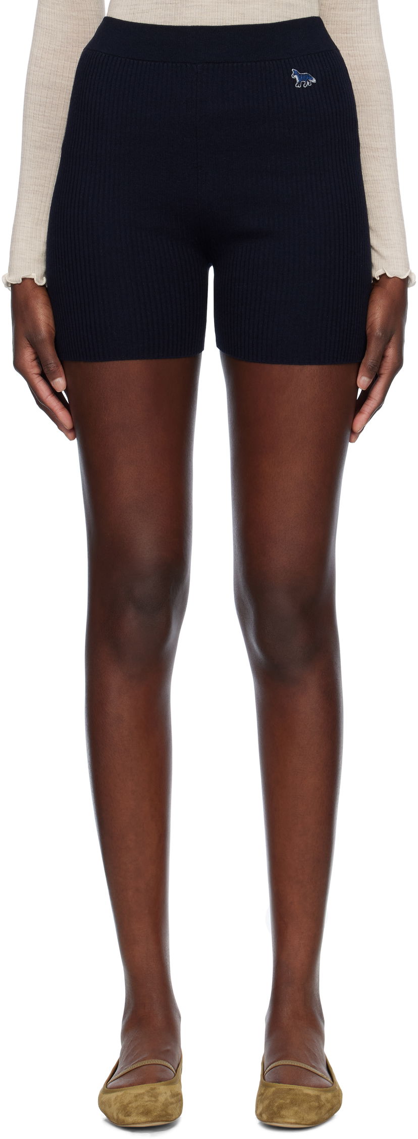 Shorts MAISON KITSUNÉ Maison Kitsuné Baby Fox Patch Fine Ribbed Shorts Mørkeblå | OW01116KT1091
