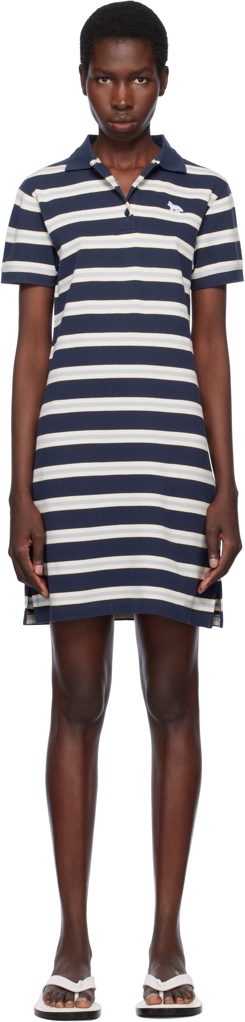 Kjole MAISON KITSUNÉ Maison Kitsuné Baby Fox Patch Striped Polo Dress Mørkeblå | OW01619KJ7010