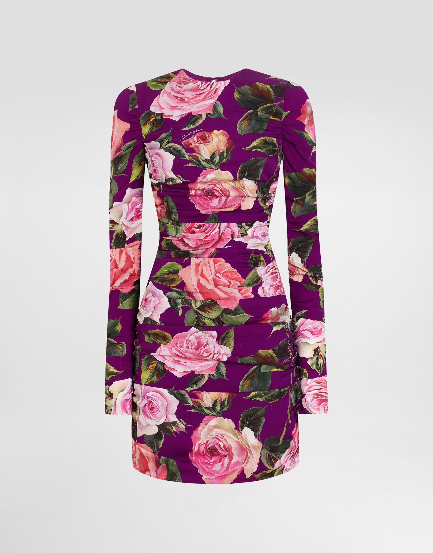 Kjole Dolce & Gabbana Dolce & Gabbana Charmeuse Rose Print Sheath Mini Dress with Draping Lilla | F6TLTTFSA7AHP5IG, 0