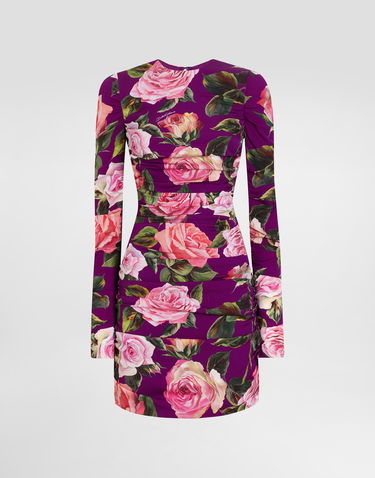 Kjole Dolce & Gabbana Dolce & Gabbana Charmeuse Rose Print Sheath Mini Dress with Draping Lilla | F6TLTTFSA7AHP5IG, 0