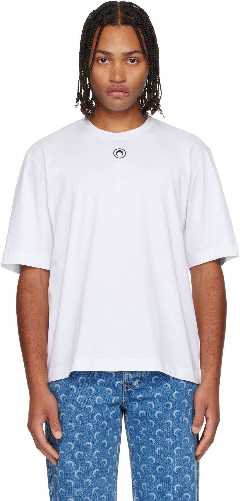 T-shirt Marine Serre Moon Logo Jersey Loose Fit Short Sleeve T-Shirt Hvid | MTT077BCJER0009