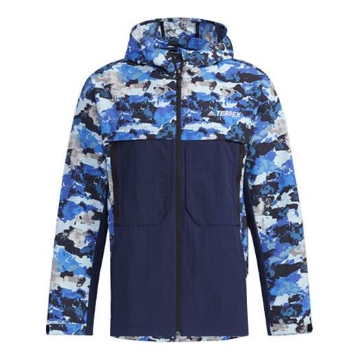 Vindjakke adidas Performance Terrex Festiv Camouflage Splicing Hooded Outdoor Jacket Blå | GN7595