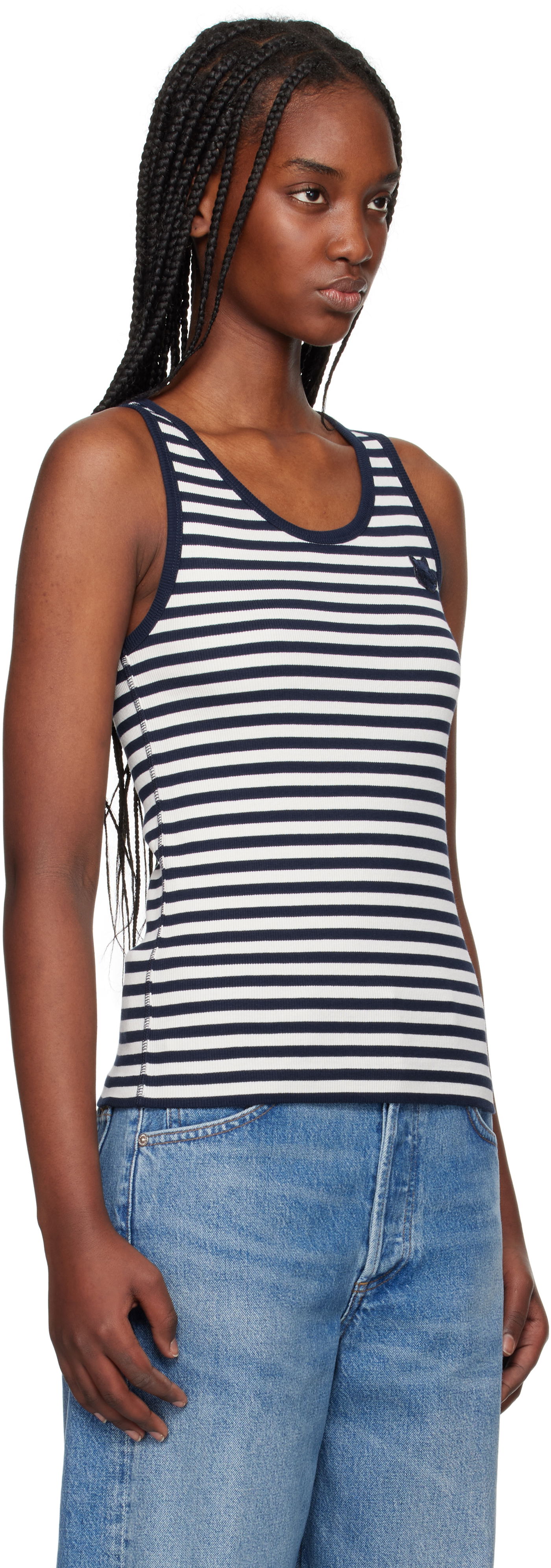 Tanktop MAISON KITSUNÉ Maison Kitsuné Fox Patch Striped Ribbed Tank Top Hvid | OW00609KA0028, 1