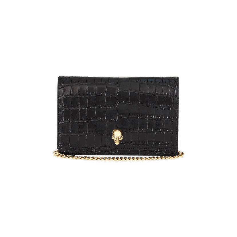 Tegnebog Alexander McQueen Alexander McQueen Small Skull Croc-Embossed Leather Chain Wallet Sort | 6130881HB0G1001