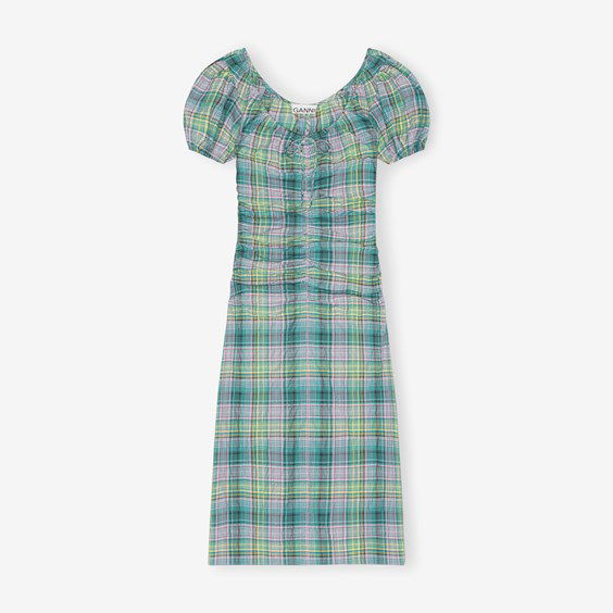 Kjole GANNI Seersucker Check Gathered Dress Turkis | F7654-759, 0