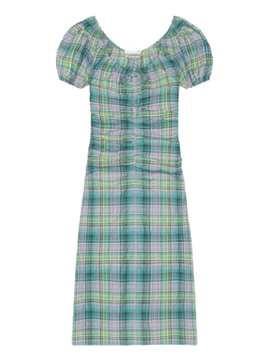 Kjole GANNI Seersucker Check Gathered Dress Turkis | F7654-759