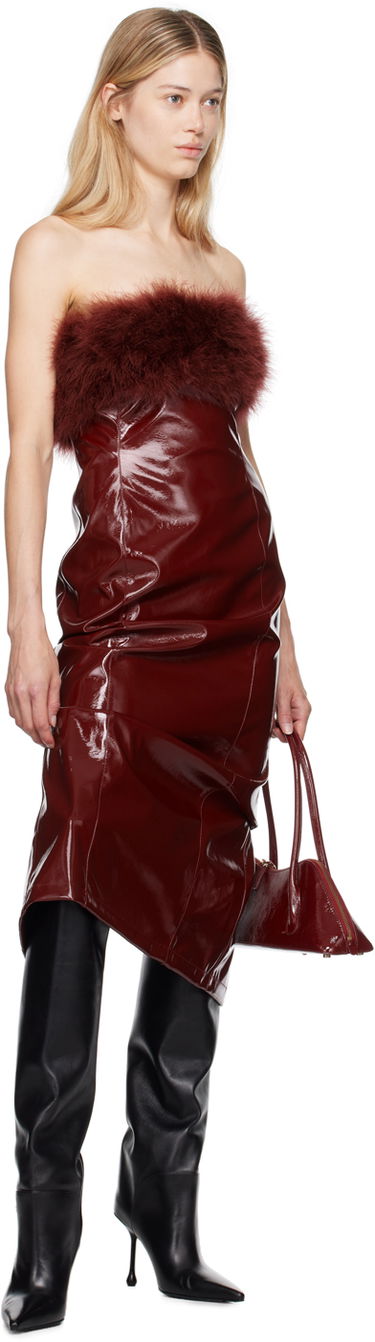 Kjole Blumarine Feather Trim Faux-Leather Midi Dress Bourgogne | A422A481A, 3