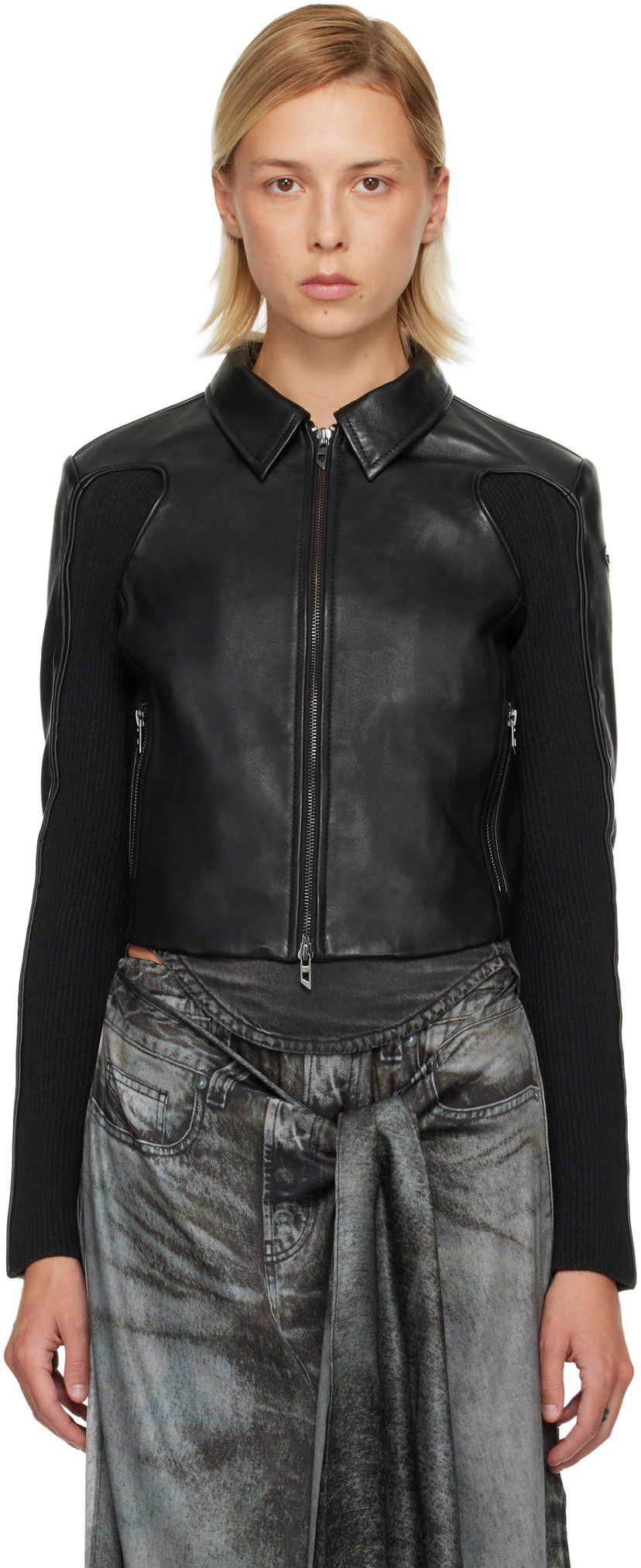 Jakke Diesel Leather Jacket with Ribbed Knit Sleeves Sort | A15373 0AJIR