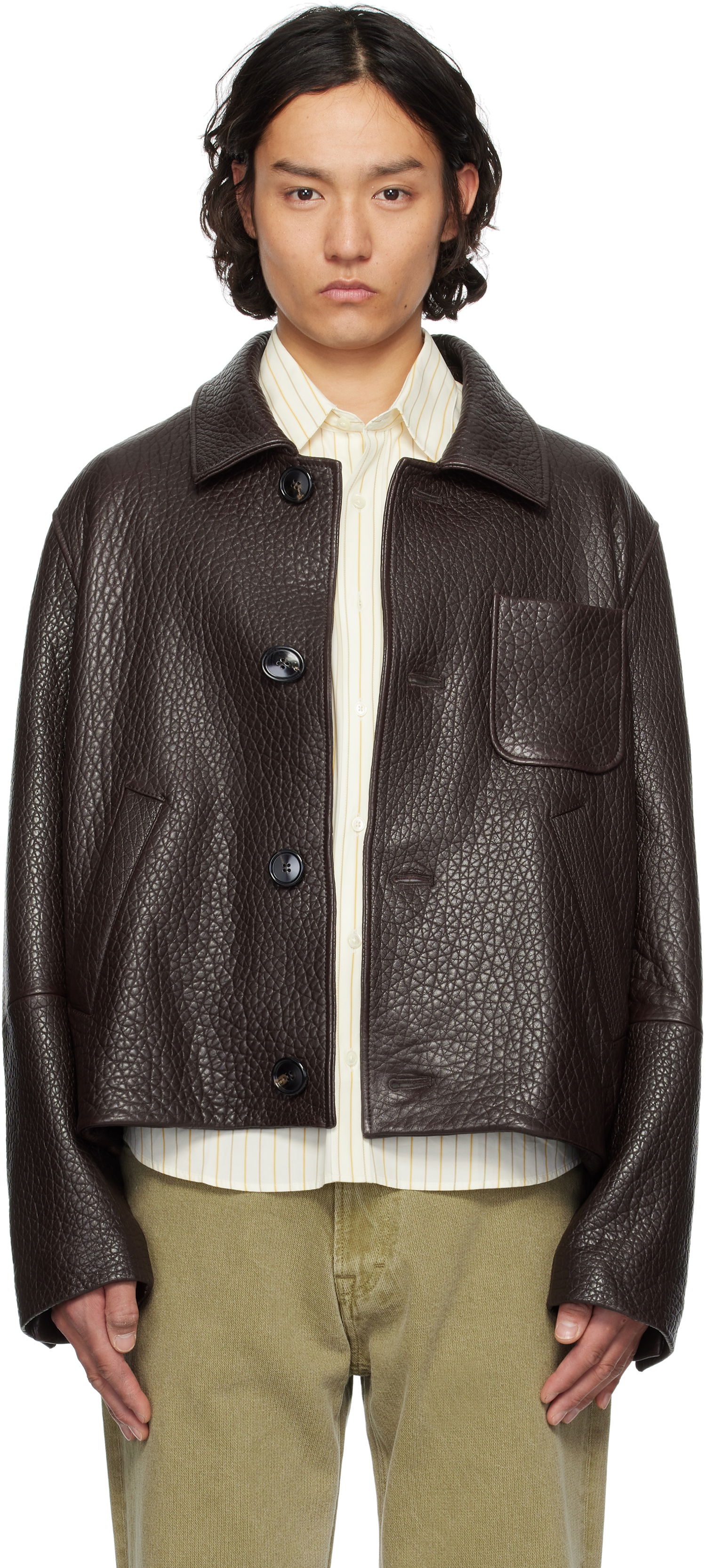 Jakke AMI AMI Paris Buttoned Leather Jacket Brun | UJK270.LH0050, 0