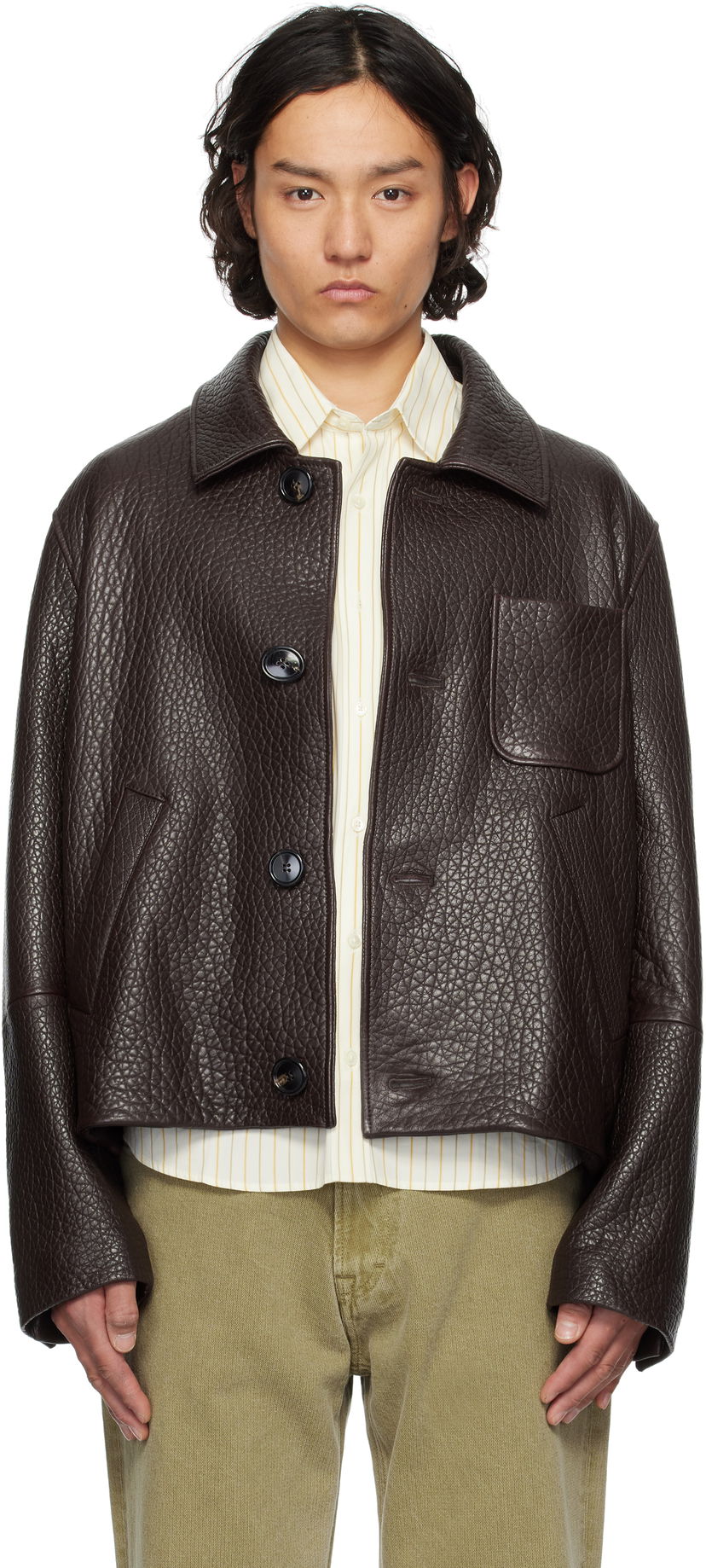 Jakke AMI AMI Paris Buttoned Leather Jacket Brun | UJK270.LH0050