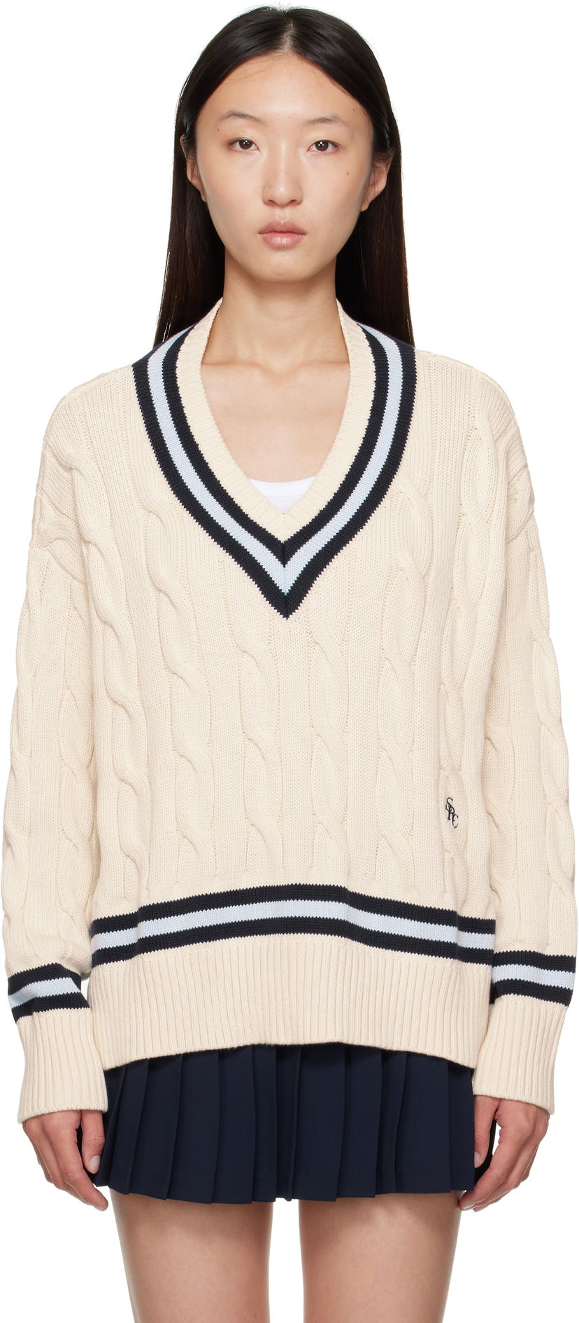 Sweater Sporty & Rich Sporty & Rich Cableknit V-Neck Sweater Beige | WS011602302WH38